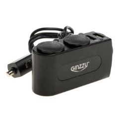 Зарядное устройство автомобильное + две авто розетки Ginzzu GA-4615UB (АЗУ 5В/3.0A, 2USB, 2 авто-розетки + удлинитель 80см) [ GA-4615UB ]