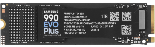 Накопитель SSD M.2 1TB Samsung 990 EVO Plus (MZ-V9S1T0BW) Retail (7150/6300МБ/сек, 850K/1.35M IOPS, NVMe PCI-Ex4 4.0, TBW 600, M.2 2280)