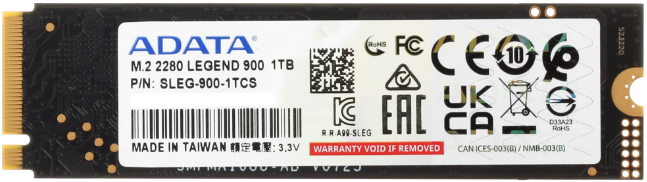 Накопитель SSD M.2 1TB ADATA Legend 900 (SLEG-900-1TCS) Retail (7000/4700МБ/сек, NVMe PCI-Ex4 4.0, 3D TLC, TBW 600, M.2 2280)