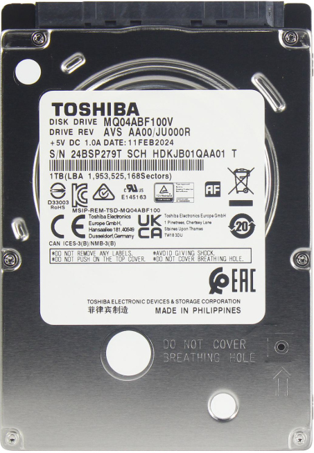 Жесткий диск 2.5" 1TB Toshiba (MQ04ABF100V) (5400об/м, 128MB, SATA600, для мобильных ПК, AF 512E, толщина 7 мм) OEM