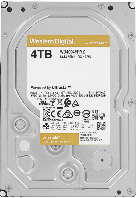 Жесткий диск 3.5" 4TB WD Gold (WD4004FRYZ) (7200об/м, 256MB, SATA600, для ЦОД, AF 512e, толщина 26.1) OEM