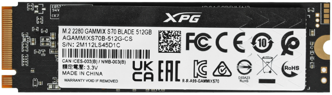 Накопитель SSD M.2 512GB ADATA XPG Gammix S70 Blade (AGAMMIXS70B-4T-CS) Retail (7200/2600МБ/сек, 425K/510K IOPS, NVMe PCI-Ex4 4.0, TBW 370)