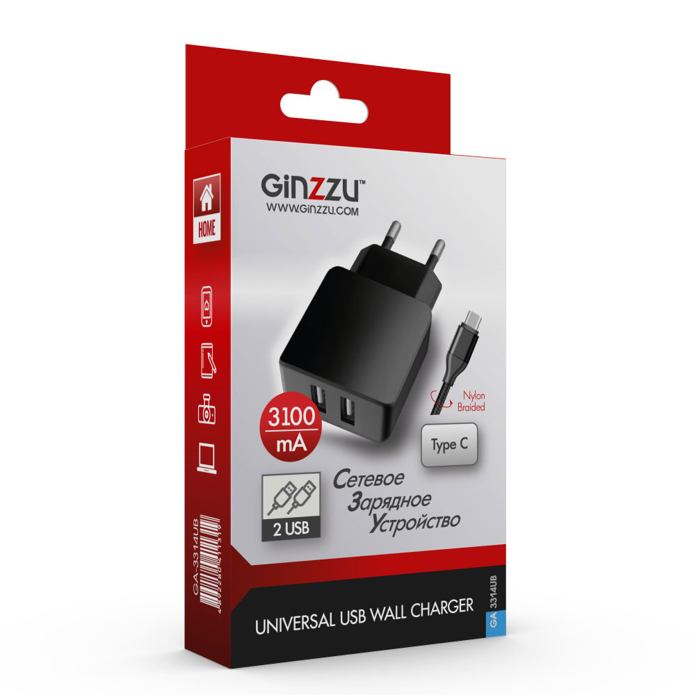 Зарядное устройство сетевое Ginzzu GA-3314UB (черный, 3,1A, 5V, черный, 2xUSB, для зарядки мобильных устройств + дата кабель Type C 1.0м, в нейлоновой