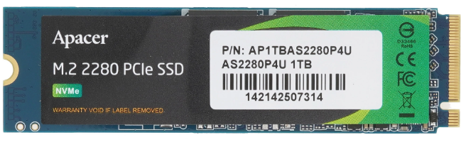 Накопитель SSD M.2 1TB Apacer AS2280P4U (AP1TBAS2280P4U-1) Retail (3500/3000МБ/сек, 670K/670K IOPS, NVMe PCI-Ex4 3.0, 3D TLC, TBW 760)