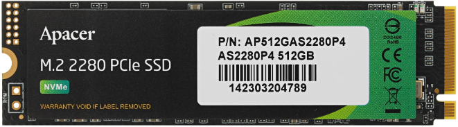 Накопитель SSD M.2 512GB Apacer AS2280P4 (AP512GAS2280P4-1) Retail (2100/1500МБ/сек, NVMe PCI-Ex4 3.0, 3D TLC, TBW 400)