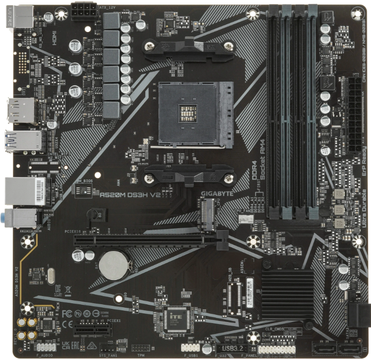 Материнская плата Gigabyte A520M DS3H V2 Retail (AMD A520, S-AM4, mATX, 4xDDR4-4733, 4xSATA, 1xM.2, 1xPCIEx16, 1xPCIEx1, HDMI/DP)