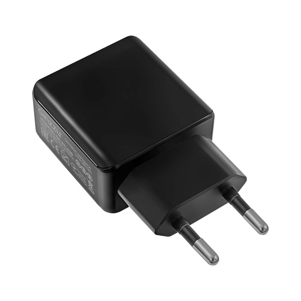 Зарядное устройство сетевое Ginzzu GA-3314UB (черный, 3,1A, 5V, черный, 2xUSB, для зарядки мобильных устройств + дата кабель Type C 1.0м, в нейлоновой