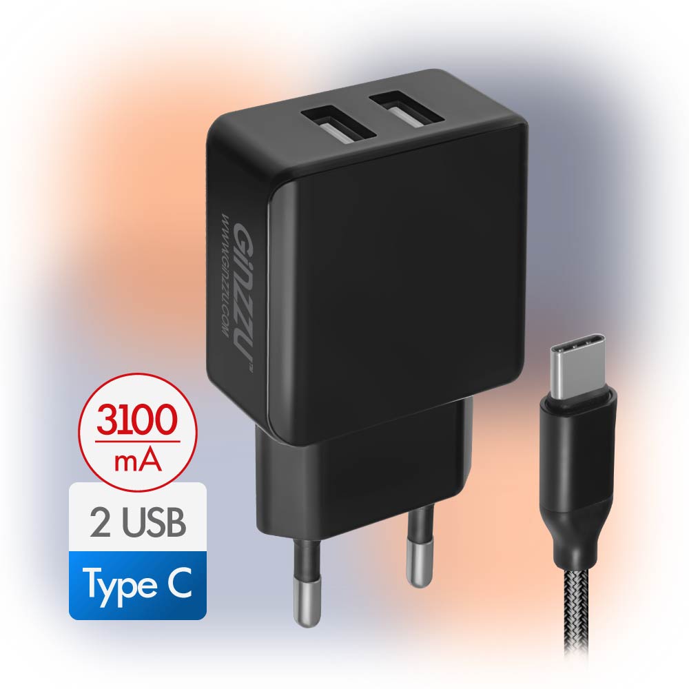 Зарядное устройство сетевое Ginzzu GA-3314UB (черный, 3,1A, 5V, черный, 2xUSB, для зарядки мобильных устройств + дата кабель Type C 1.0м, в нейлоновой