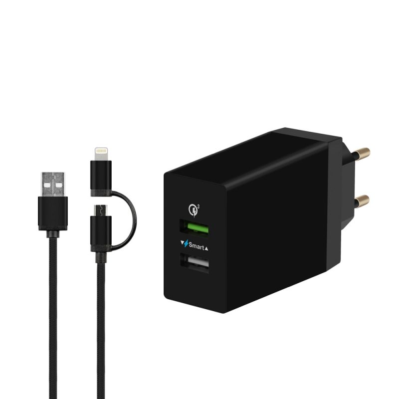 Зарядное устройство сетевое DF Tor-03 (черный, 3-1,5A (5.4A max суммарно), 6,5V, 2xUSB одновременная зарядка 2-х различных устройств,Smart Charge, Qui