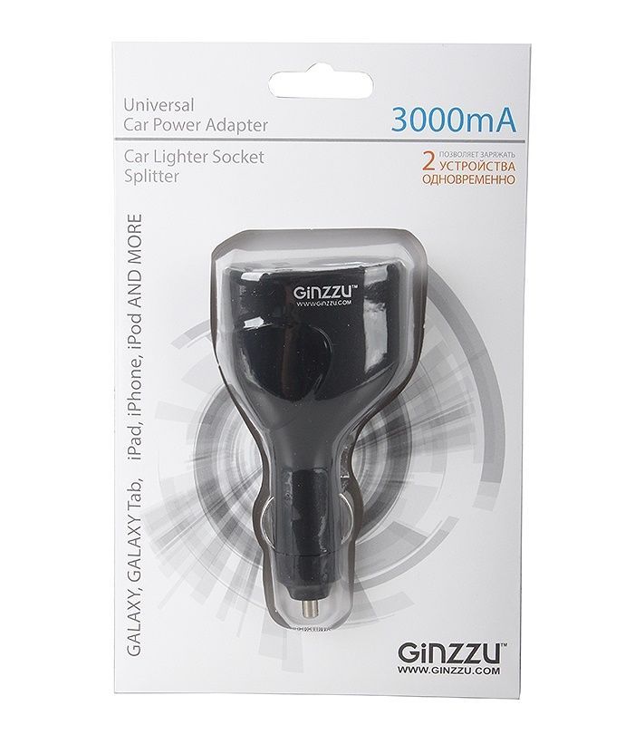 Зарядное устройство автомобильное Ginzzu GA-4715UB (черный, АЗУ 5В/3.0A, 2USB + автомобильная розетка)